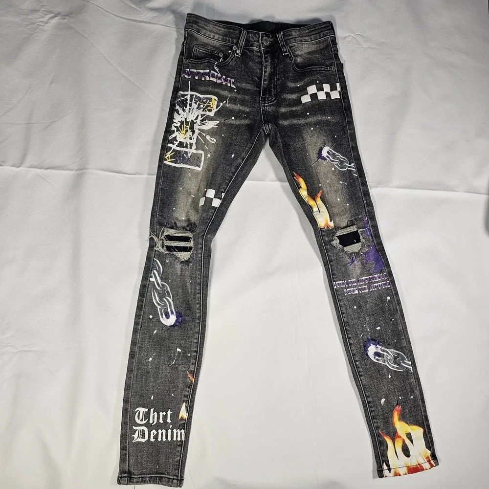 THRT Stacked Skinny Jeans‎ Mens 28x30 Black Graphic Flame Distressed Y2K